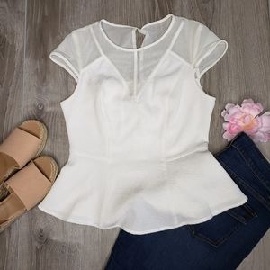 GUESS Illusion Mesh Mix Peplum Top Macadamia Med